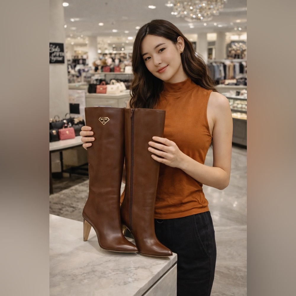 MATEO FOR INC Faux Leather CHARLOTTE Knee-high Boots Clear Heel Brown NIB 🤎❤️‍🔥